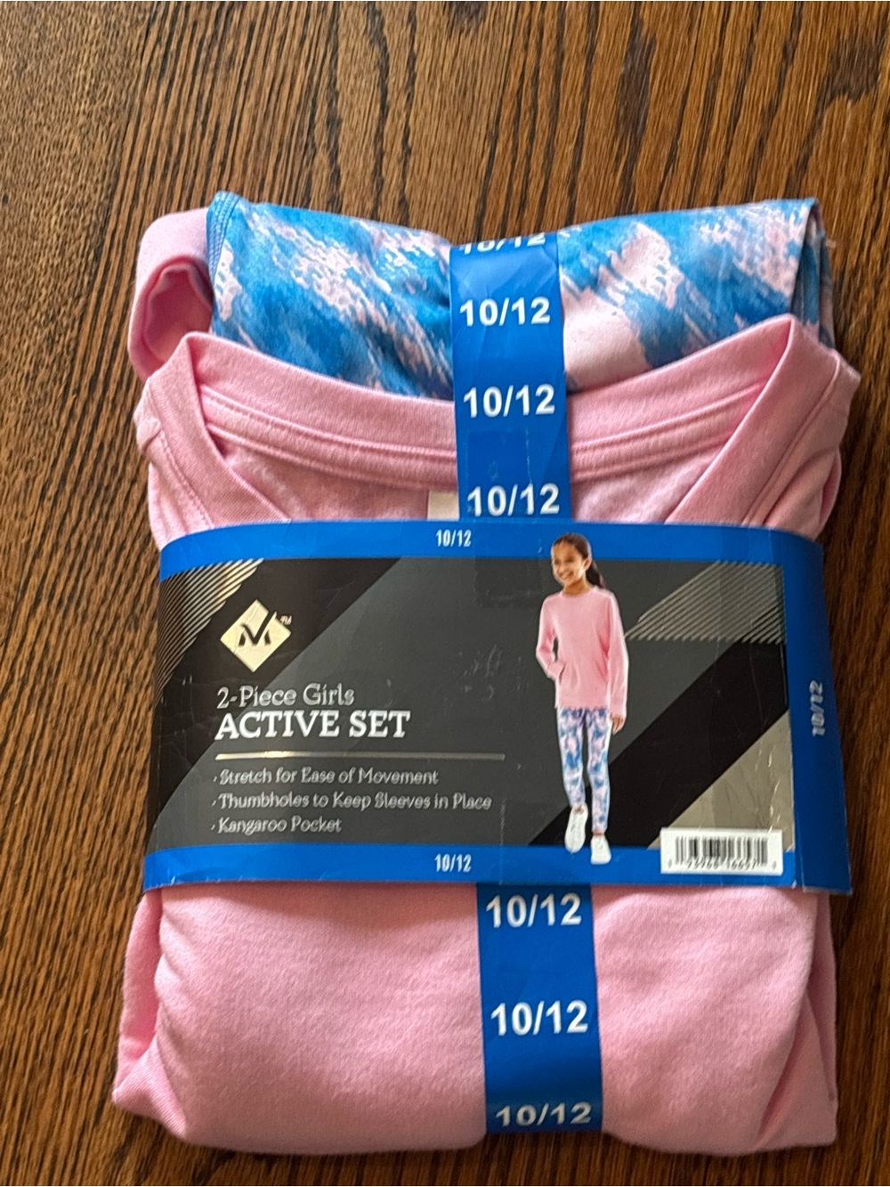 Girls 2-Piece Active Set - Pink Top & Blue Patterned Leggings, Size 10/12